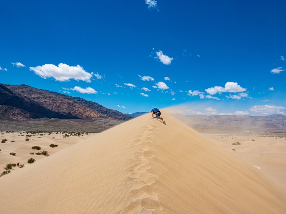 man walking on sand dunes